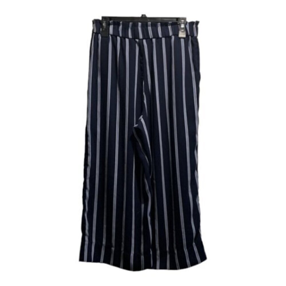 H&M Navy Stripe Trouser Wide Leg Cropped Pants Size 10 EUC #4214